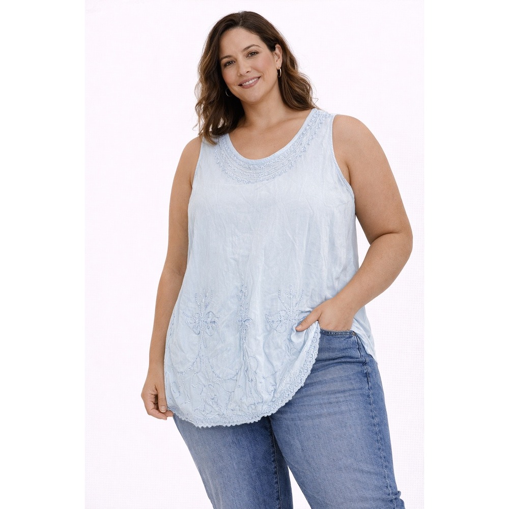 Noelle Embroidered Tank‎ Top Women OS Blue Sleeveless Lace Trim Boho Blouse